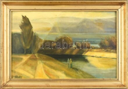 Olvashatatlan jelzéssel: Vízparti séta. Olaj, farost. Dekoratív, kissé sérült fa keretben, 34×52 cm