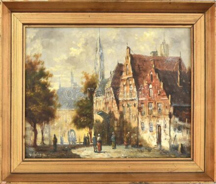 Vojnits Richárd (1942-): Sétálók. Olaj, farost, jelzett. Dekoratív, kissé sérült fa keretben, 30×40 cm