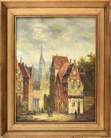 Vojnits Richárd (1942-): Város. Olaj, farost, jelzett. Dekoratív, kissé sérült fa keretben, 40×30 cm