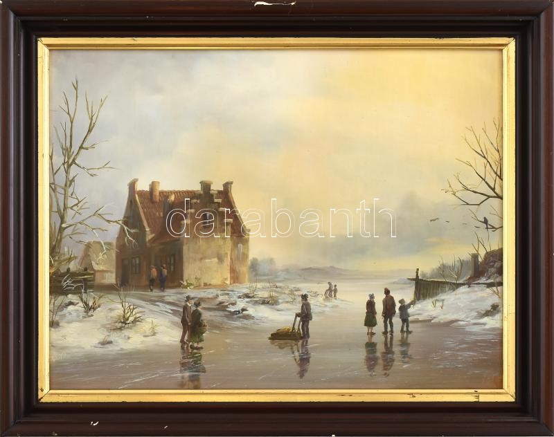 Loyd jelzéssel (Varga Zoltán?): Téli örömök. Olaj, falemez. Dekoratív, kissé sérült fa keretben, 30×40 cm