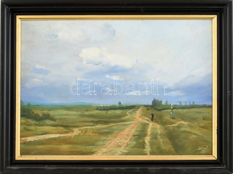 Olvashatatlan jelzéssel: Hazafelé. Olaj, farost. Dekoratív fa keretben, 30×42 cm