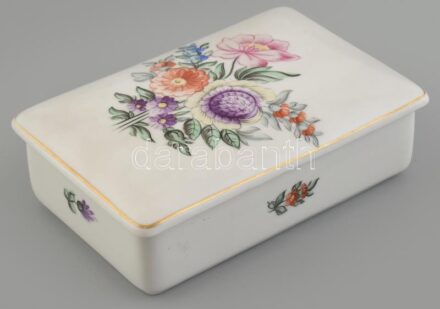 Hollóházi porcelán levélmintás dobozka, matricás, jelzett, hibátlan, 14×9×4 cm