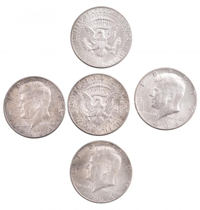 Amerikai Egyesült Államok 1964. 1/2$ Ag 'Kennedy' (5x) T:1-,2 patina USA 1964. 1/2 Dollar Ag 'Kennedy' (5x) C:AU,XF patina Krause KM#202