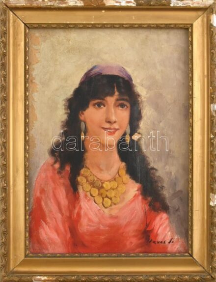 Havas S. jelzéssel: Fekete hajú szépség. Olaj, karton. Dekoratív, sérült fa keretben. 35x25 cm