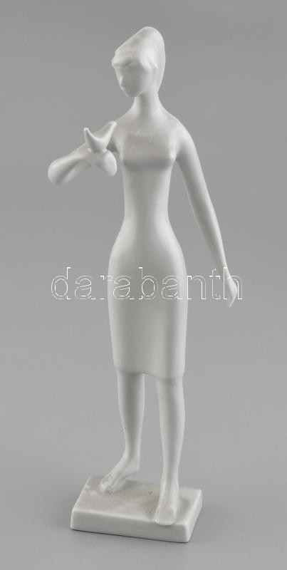 Drasche nő galambbal, fehér mázas, jelzett, kis kopással, m: 22,5 cm