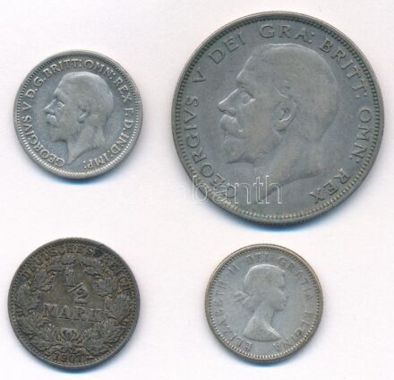 Vegyes: Nagy-Britannia 1932. 6p Ag 'VI. György' + 1931. 1/2C Ag 'VI. György' + Német Birodalom 1907A 1/2M Ag + Kanada 1960. 10c Ag 'II. Erzsébet' T:2-3 patina Mixed: United Kingdom 1932. 6 Pence Ag 'George VI' + 1931. 1/2 Crown Ag 'George VI'