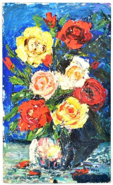 Vén jelzéssel: Virág csendélet. Olaj, karton, tetején apró lyuk, 36x22cm
