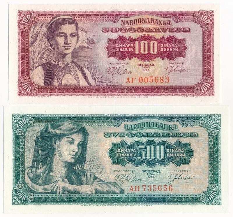 Jugoszlávia 1963. 100D 'AF 005683' + 500D 'AH 735656' T:I Yugoslavia 1963. 100 Dinara 'AF 005683' + 500 Dinara 'AH 735656' C:UNC