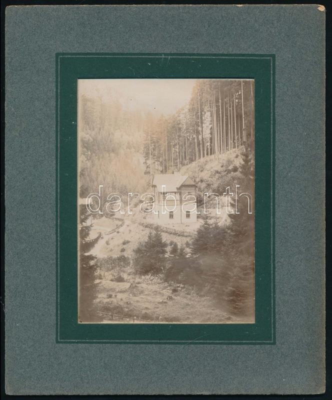 cca 1900-1910 Körmöcbánya (Kremnica, Felvidék), Zólyomvölgy, villa, fotó paszpartuban, hátoldalán feliratozva, 11x8 cm