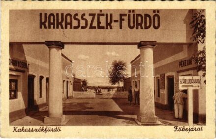 1943 Kakasszékfürdő (Orosháza), fürdő főbejárata, pénztár, dohányosbolt, út a szállodákhoz + 'POSTAI ÜGYN'