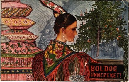 Boldog Ünnepeket! Üdvözlet a Könyves Kálmán magyar műkiadó R.T. kiállításáról. Orsz. Anya- és Csecsemővédő Egyesület 924. sz. / Hungarian Christmas greeting art postcard, Art Nouveau s: Nagy Sándor (EK)