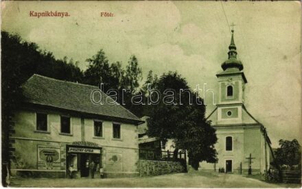 1913 Kapnikbánya, Cavnic; Fő tér, templom, Pusztay Gyula magyar áruház üzlete, koporsó szemfedő raktár, saját kiadása / main square, church, Hungarian shop, coffin warehouse (EK)