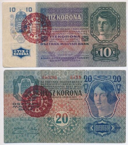 1913. 20K + 1915. 10K, mindkettő piros 'MAGYARORSZÁG' körbélyegzővel T:III Adamo K17B, K11B