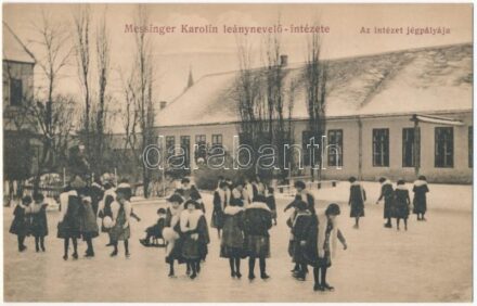 Nagybecskerek, Zrenjanin, Veliki Beckerek; Messinger Karolin leánynevelő intézet, jégpálya korcsolyázókkal. Oroszy Lajos kiadása / girl school's ice rink with ice skating girls