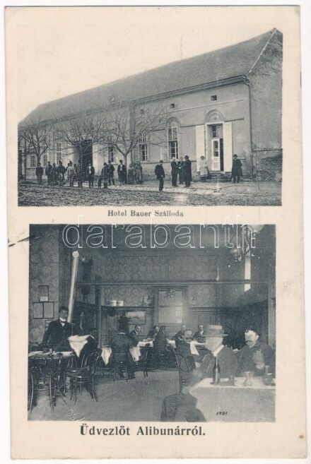 1915 Alibunár, Bauer szálloda, étterem belső vendégekkel és pincérrel. Dajkovits J. utóda fényképész kiadása / hotel, restaurant interior with guests and waiters (EK)