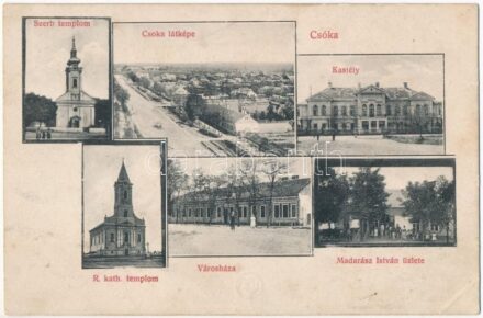 1914 Csóka, Coka; Szerb ortodox templom, látkép, Lederer kastély, Római katolikus templom, Városháza, Madarász István üzlete és saját kiadása / Serbian Orthodox church, castle, Catholic church, town hall, publisher's shop (EK)