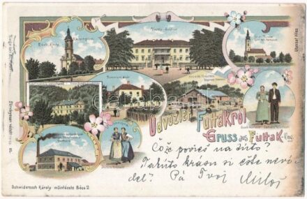 1899 (Vorläufer) Futak, Futtak; Rudolf trónörökös vadászkastély, Gőzmalom és kendergyár, kastély, Alsó erdői fűrésztelep, szerb és német folklór, Dominium alpár, kiadja Schwidernoch Károly / hunting castle, steam mill, hemp