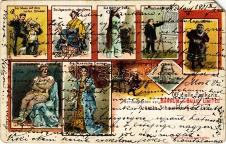 1901 Der Mann mit dem harten Schädel. Die Japanerin ohne Arme. Die bärtige Dame. Der Rechenkünstler. Miss Delphi. Die tättowirte Venus. Die Japanische Zauberin. Die Zwergkönigin Mab. Der Pudelmensch. Grösste Schaustellung der Erde.
