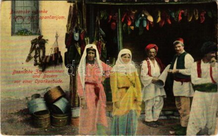 Bosanske ciganke i seljaci pred opancarijom / Bosnische Zigeunerinnen und Bauern vor einer Opankenbude / Bosnian Gypsy folklore. W.L. Bp. No. 30. 1910. (EK)