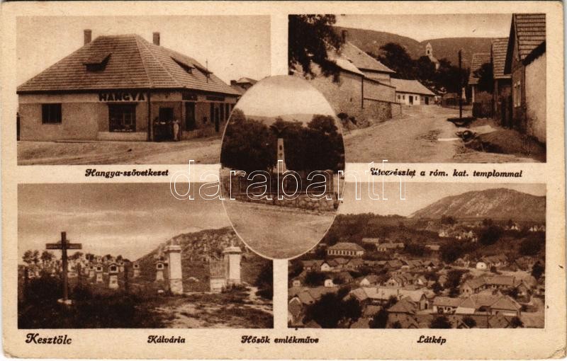 Kesztölc, Kálvária, Hősök emlékműve, utca, római katolikus templom, látkép (EK)