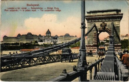 1915 Budapest I. Királyi vár a Lánchíddal, omnibusz Kalodont reklámmal. 'Taussig' 39. (EK)