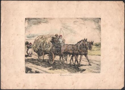 Gyócza jelzéssel: Hazatérés. Rézkarc, papír, Jelzett, 15x21 cm