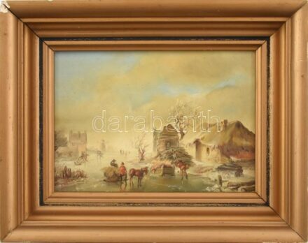Toldy Mária (1939-): Téli társaság. Olaj, fa, jelzés nélkül, hátoldalán feliratozott. Dekoratív fa keretben, 12×17 cm
