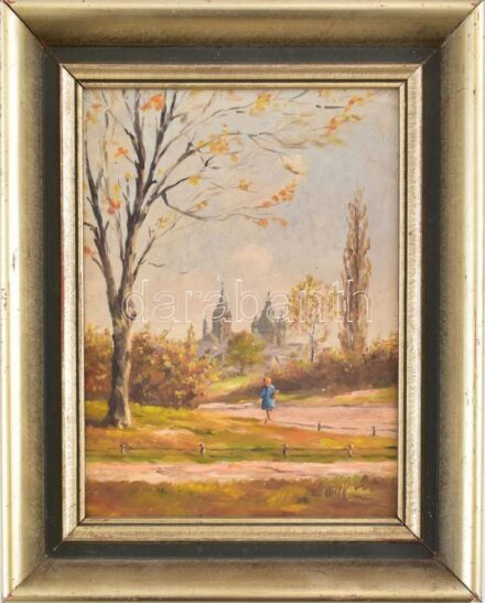 Olvashatatlan jelzéssel: Őszi séta (Mainz, katedrális). Olaj, karton. Dekoratív, kissé sérült fa keretben, 22,5×16,5 cm