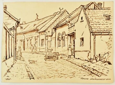 Sostarics Lajos (1896-1968): Vöröskereszt utca. Óbuda sorozat, 1960-as évek. Diópác, papír. Jelzett, kartonra kasírozva, a karton a szélén kissé sérült, 29,5x21,5 cm