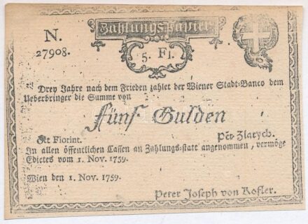 1759. 5G / 5Ft 'Zahlungspapier' korabeli vízjeles papíron, hátlapon kézzel írt 'múzeumi másolat' jelzéssel T:I- papírránc, helyenként fakó nyomat Austrian Empire 1759. 5 Gulden / 5 Forint 'Zahlungspapier' on contemporary watermarked