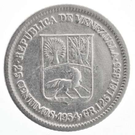 Venezuela 1954. 25c Ag T:2- Venezuela 1954. 25 Centimos Ag C:VF Krause Y#35