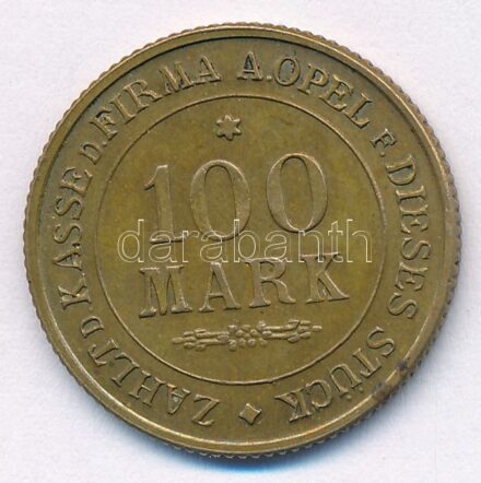 Német Birodalom / Weimari Köztársaság 1922. 100M Br 'Opel' szükségpénz T:1-,2 patina German Empire / Weimar Republic 1922. 100 Mark Br 'Opel' necessity money C:AU,XF patina