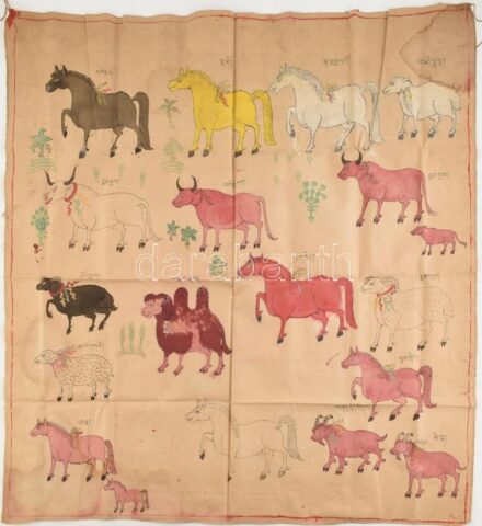 Tibeti festett állatokat ábrázoló vászon, 88×86 cm