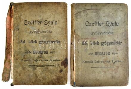 cca 1922-1947 Czettler Gyula gyógyszerész Szt. Lélek gyógyszertár Budafok, 2 db régi jegyzetfüzet, számos kézzel írt bejegyzéssel (Bertalan Albert ezredes kiadási jegyzéke, leltár, pénzügyi nyilvántartások, stb.), sérült, foltos
