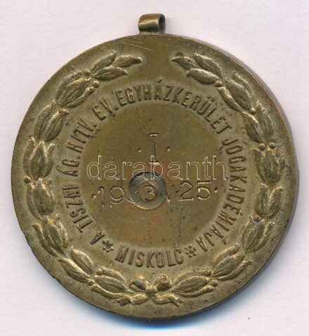 ~1933. 'A Tiszai Ág. Hitv. Ev. Egyházkerület Jogakadémiája - Miskolc / 1933. V. 25. I.' aranyozott Br díjérem füllel. Szign.: Szabó J. (40mm) T:2 patina, ph