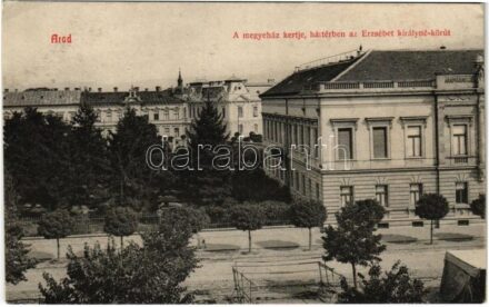 Arad, A Megyeház kertje, háttérben az Erzsébet királyné körút. Kerpel Izsó kiadása / street view, county hall, garden (EK)