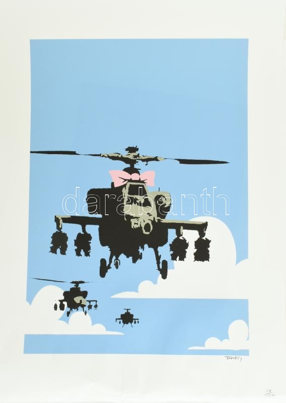 Banksy:. Ofszet, papír, jelzett a nyomaton, 'POW Printmaking' szárazpecséttel Aviomar UK. tanúsítvánnyal Számozott: 116/150. Képméret: 30x45 cm. Lap méret 50x70 cm, Lap jobb széle képet nem érintő mértékben kissé gyűrött /