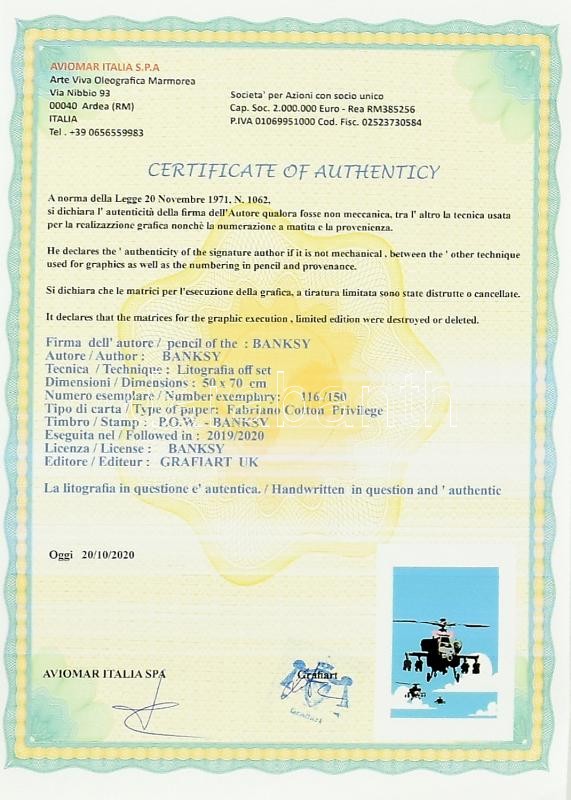 Banksy:. Ofszet, papír, jelzett a nyomaton, 'POW Printmaking' szárazpecséttel Aviomar UK. tanúsítvánnyal Számozott: 116/150. Képméret: 30x45 cm. Lap méret 50x70 cm, Lap jobb széle képet nem érintő mértékben kissé gyűrött / - Image 4