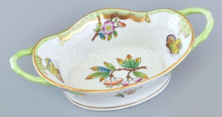 Herendi Viktória mintás füles tálka, kézzel festett porcelán, jelzett, hibátlan, 16x9cm
