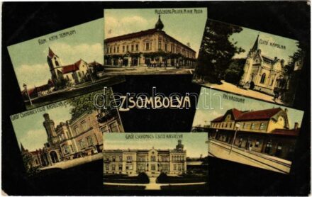 Zsombolya, Jimbolia; Római katolikus templom, Muschong palota, M. kir. posta, Csitó kápolna, Gróf Csekonics Csitó kastélya, Pályaudvar, vasútállomás. Perlstein F. kiadása / Catholic church, palace, post office, chapel, castle, railway