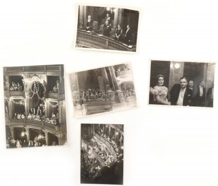 cca 1930-1940 Magyar Királyi Operaházban készült fotók, 5 db, az egyiken Horthy Miklós kormányzóval, egy másikon Gömbös Gyulával, a hátoldalakon részben feliratozva, Foto Bojár, Foto Orelly 2 db Europa Riport Vállalat, valamint 1 db