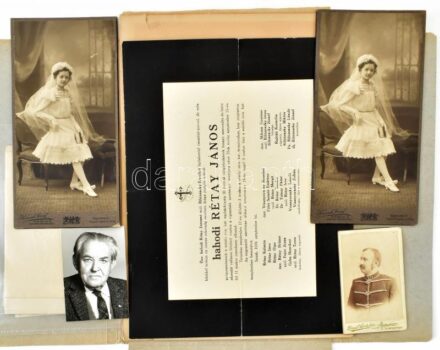 cca 1807-1950 hahódi Rétay - családra vonatkozó gyűjtemény, közte családi címer, Rétay Béla katonatiszt (Bp.-Tátrafüred Divald Károly) fotója, leszármazási lista, régi viaszpecsétes levél (Beregszász, 1807) és annak modern