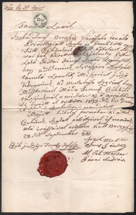 1855 Beregszászi szabó és gombkötő tanulólevél, eredetileg 1833 adták ki, de hiteles formában újra kiadták 1855-ben, 2 db viaszpecséttel, 15 kr. C. M. okmánybélyeggel, aláírásokkal, modern átirattal.