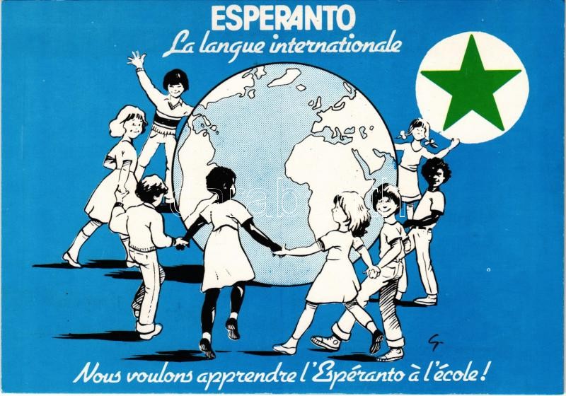 Esperanto. La Langue internationale. Nous voulons apprendre l'Esperanto a l'ecole! / 'Esperanto - The International Language. We want to learn Esperanto at school!' Esperanto propaganda art postcard (modern)