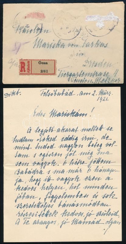 1921 Felsőbabád, vecseszéki Ferenczy Ida (1839-1928) Erzsébet királyné Sisi bizalmasának levele, unokahúgához balatoni Farkas Máriához Drezdába, feltehetőleg a levelet diktálta, de saját kezű aláírás Ferenczy Idától,
