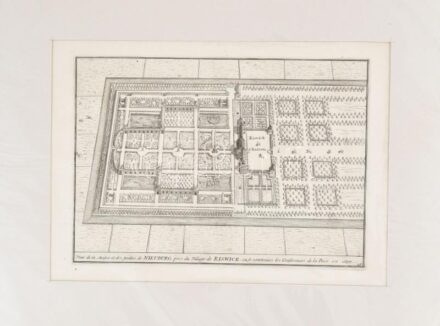 cca 1700 Riswick kastély ás kertje tervének látképe. Rézmetszet, papír, jelzett a metszeten. Apró foltokkal. Paszpartuban. 20x28 cm