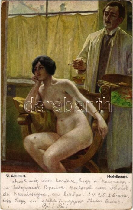 1916 Modellapuse / Erotic nude lady art postcard, model with painter. Deutsche Meister Nr. 4221. s: W. Schievert (EK)