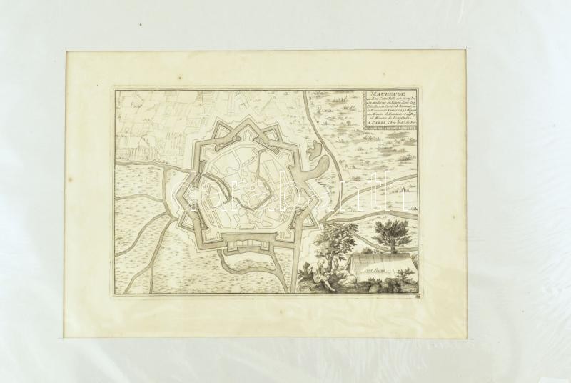 cca 1750 Maubeuge erőd. Rézmetszet, papír. Apró foltokkal. Paszpartuban. 17x25 cm / Maubeuge fortress, engraving, a bit spotty, in passepartout