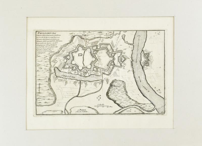 cca 1750 Philisbourg erőd. Rézmetszet, papír. Paszpartuban. 17x27 cm / Philisbourg fortress, engraving, in passepartout