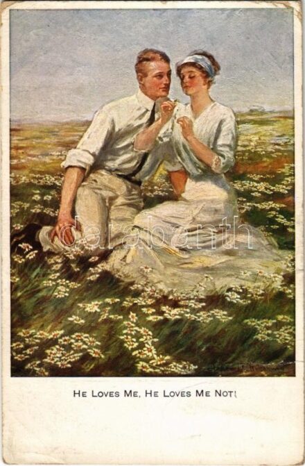 'He loves me, He loves me not!' Lady art postcard, romantic couple. M. Munk Vienne Nr. 860d. (ázott / wet damage)